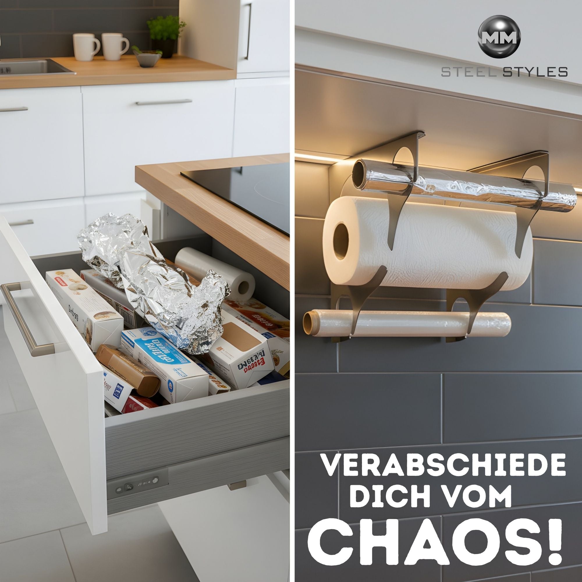 Küchenrollenhalter aus Edelstahl – Wandhalter zum Kleben ohne Bohren – Platzsparende Lösung für die Küche – Starker Halt – Nachhaltige Produktion