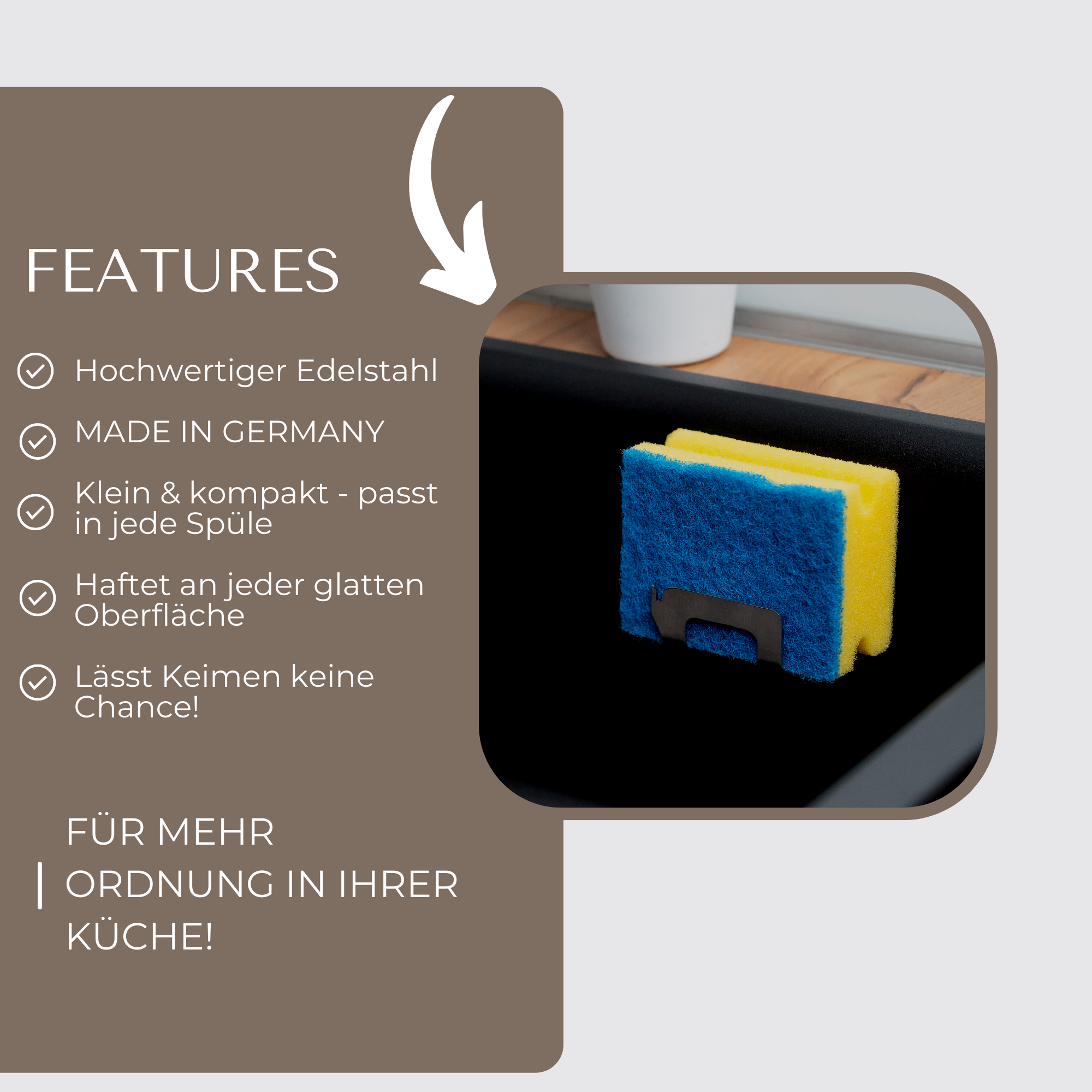 Schwammhalter Küche – Edelstahl Spülschwamm Halterung / Schwammhalter Spülbecken – Selbstklebend mit Spültuchhalter – Made in Germany