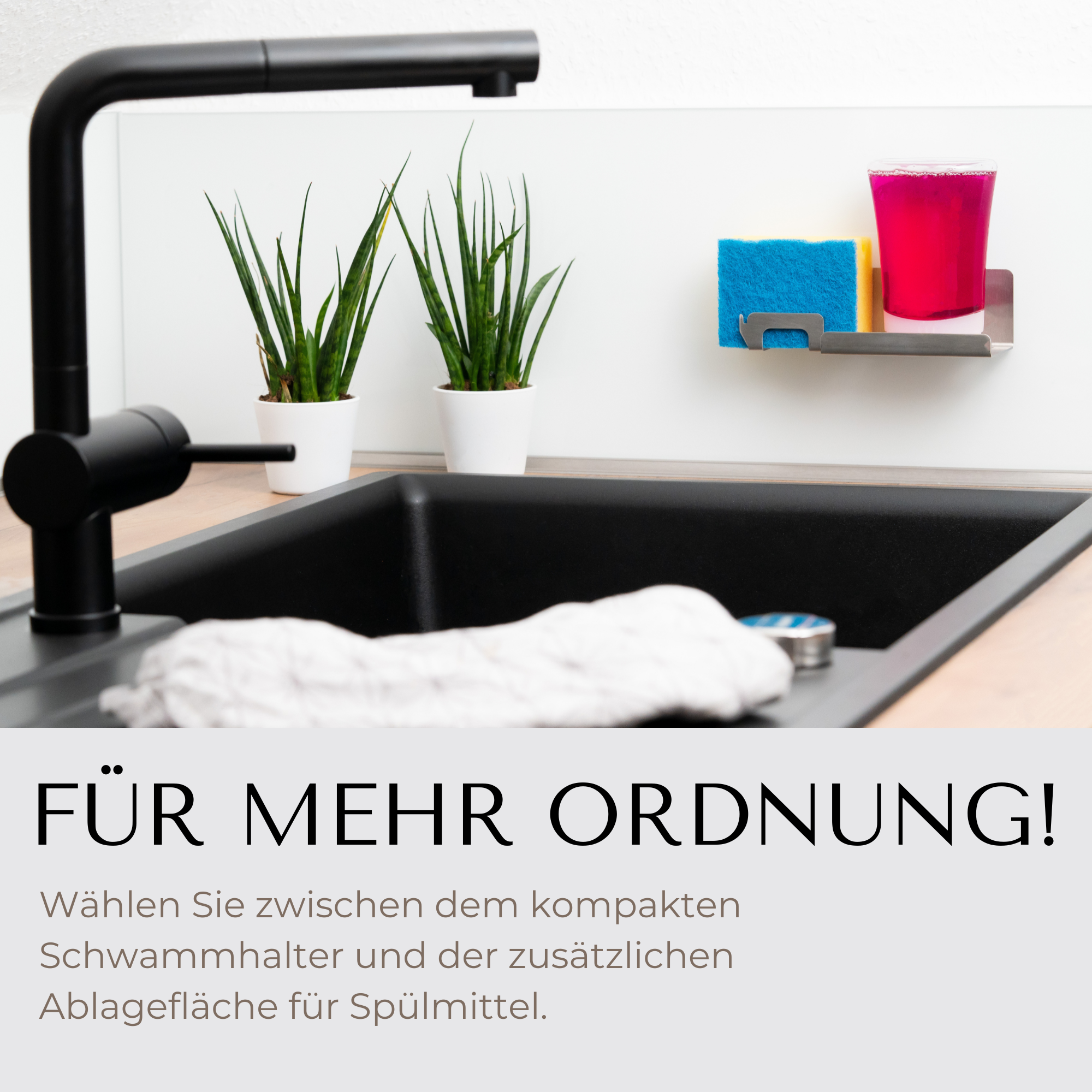 Schwammhalter Küche – Edelstahl Spülschwamm Halterung / Schwammhalter Spülbecken – Selbstklebend mit Spültuchhalter – Made in Germany