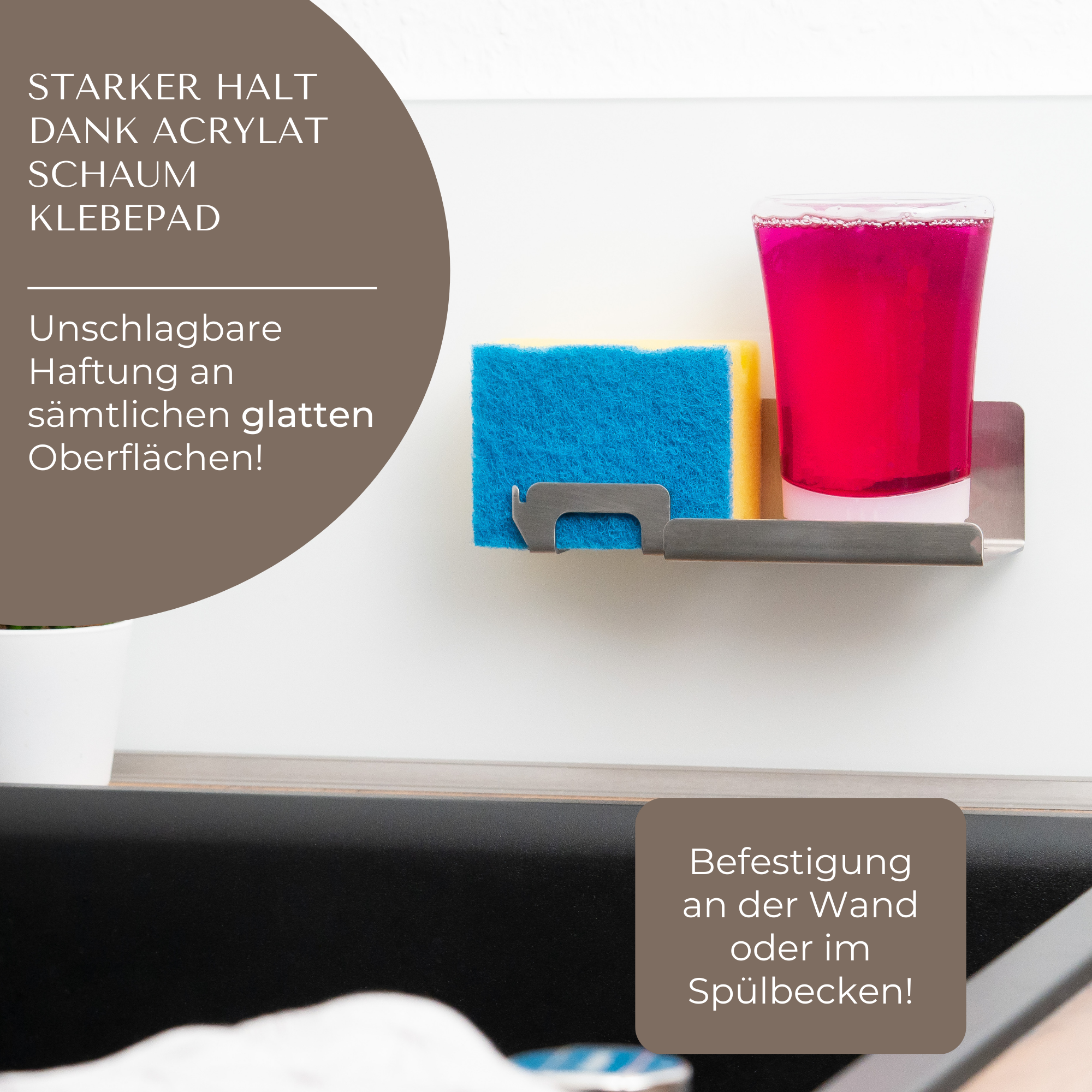 Spülbecken Organizer – Edelstahl Utensilienhalter Küche/ Spüle Organizer – Selbstklebend mit Spüllappen Halterung– Made in Germany