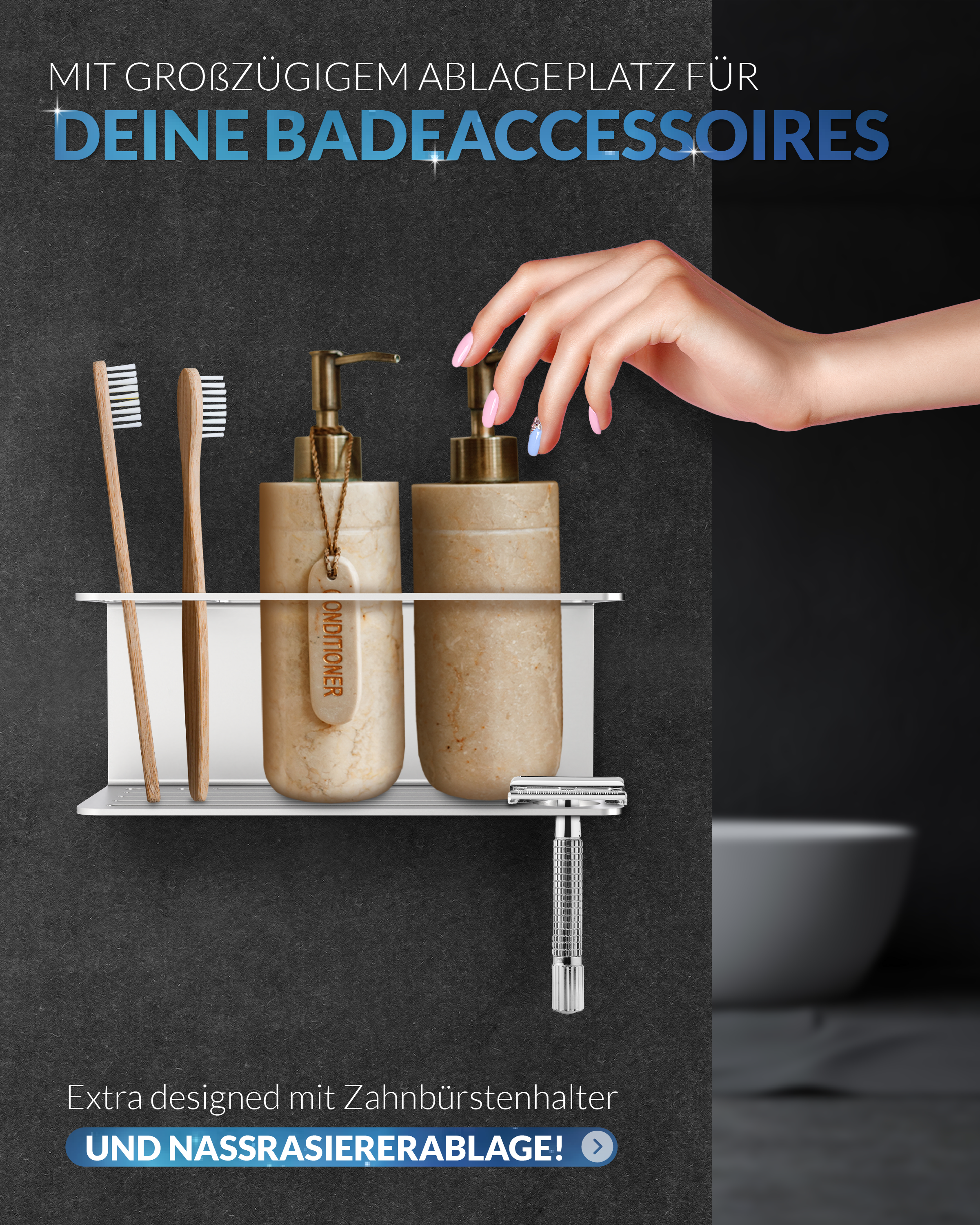 MM Steel Styles Duschablage mit Zahnbürstenhalter