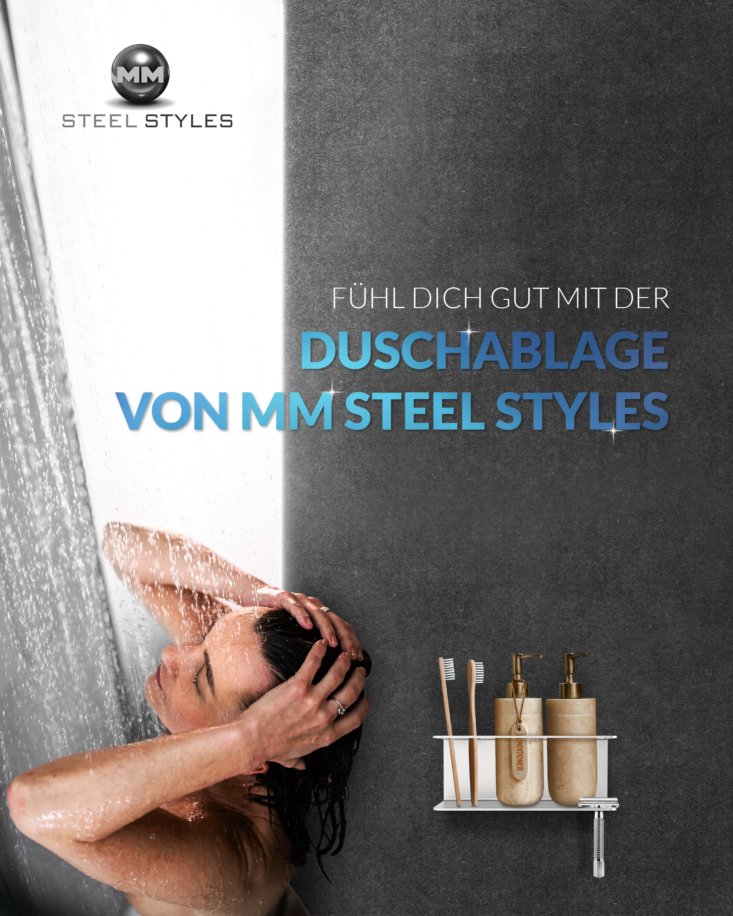 MM Steel Styles Duschablage mit Zahnbürstenhalter