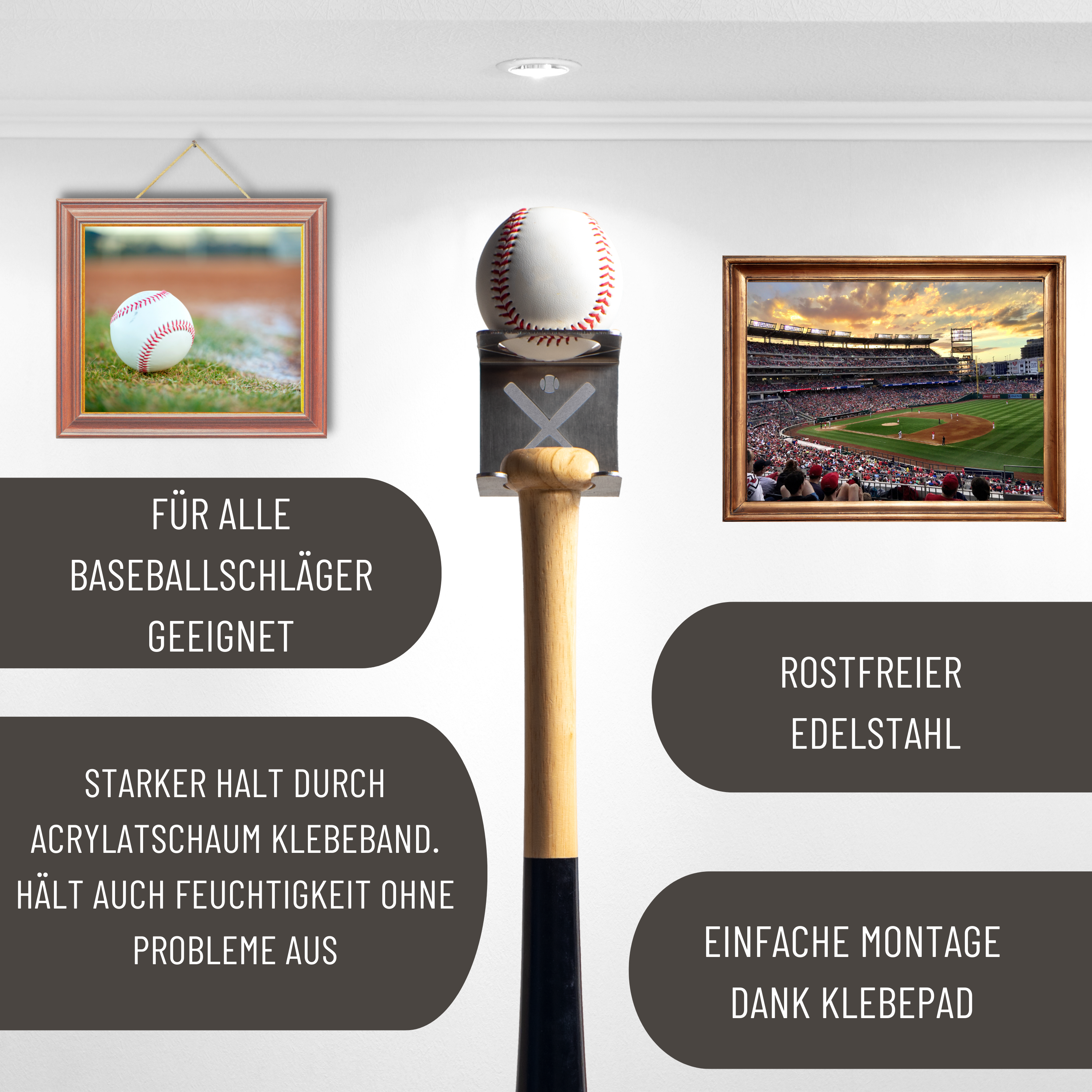 Baseballschläger Halterung aus hochwertigem Edelstahl – Einfache Montage mit Klebepad