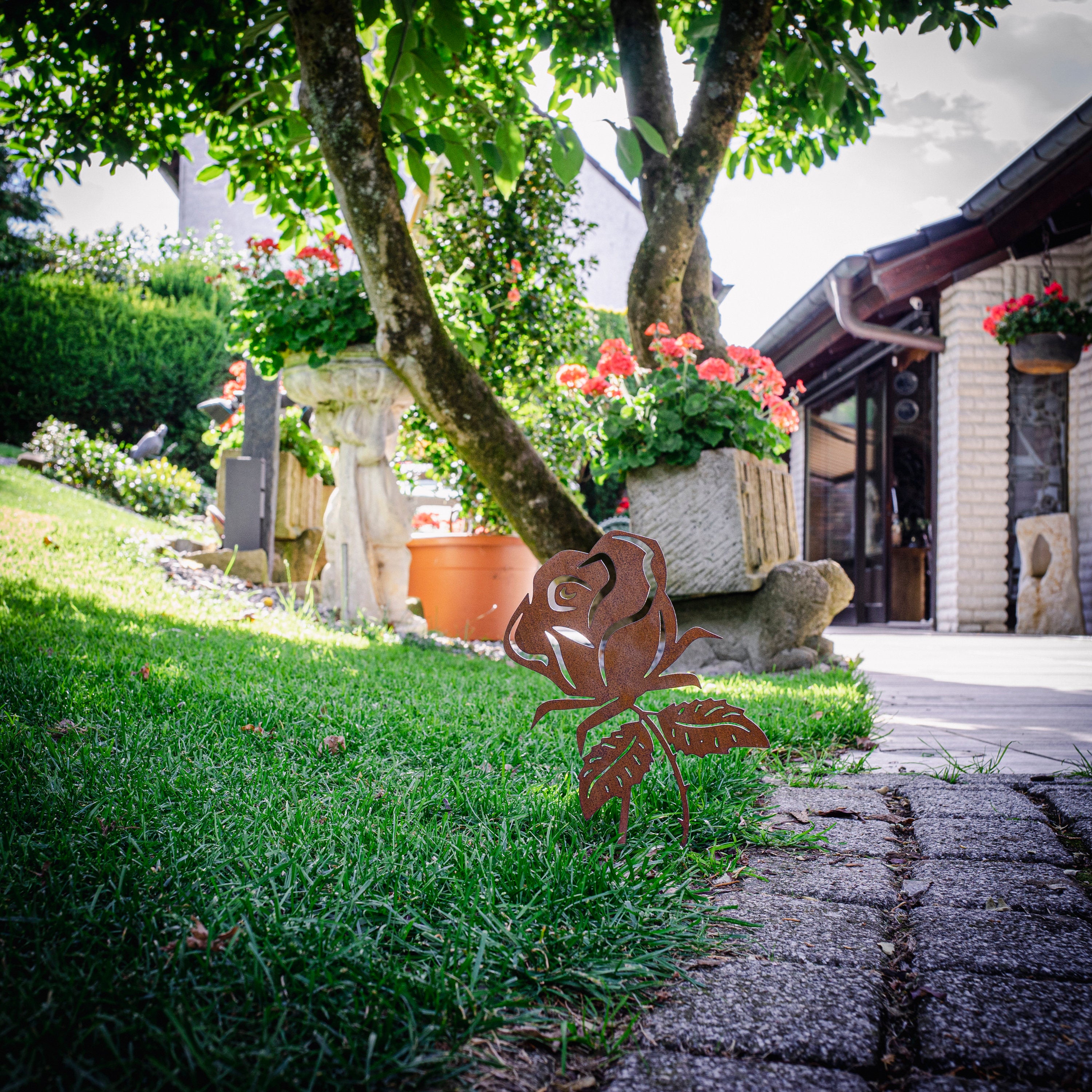 Edelrost Rose Gartenstecker-einfach einsteckbare Rostdeko aus hochwertigem Cortenstahl für Garten, Teich - Gartendeko rost