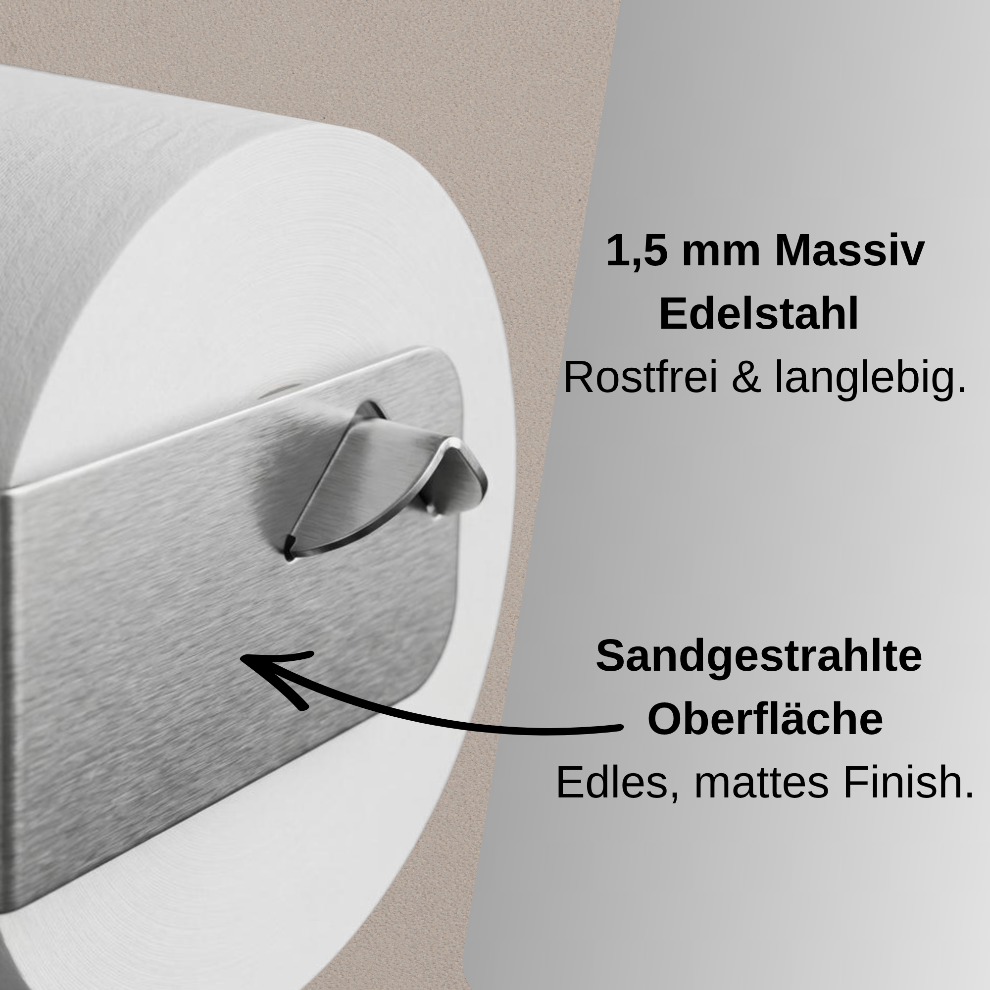 Toilettenpapierhalter aus Edelstahl – Klopapierhalter ohne Bohren – Klorollenhalter zum Kleben – Sicherer Halt an der Wand – Zeitloses Design – Made in Europa